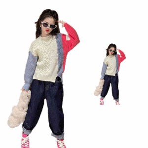 ニットセーター キッズ 秋冬 おしゃれセーター 長袖 スリット入 丸襟 女の子 子供服 トップス  ニットトップス セーター ケーブル編み 無