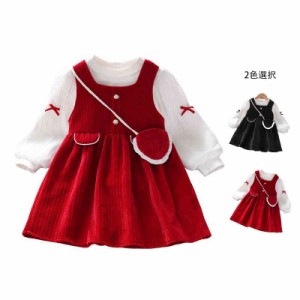 二点セット ワンピースセット キッズ 秋冬 おしゃれワンピ 長袖ブラウス タンクトップ セットアップ 子供服 リボンブラウス プリーツワン