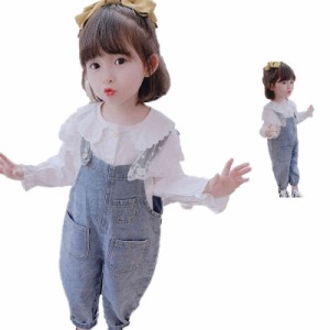 オーバーオール キッズ 春秋 二点セット サロペットセット 女の子 デニムパンツ フリルブラウス ベビー服 オールインワン ロング パンツ 