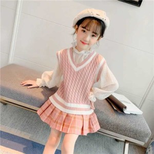 ニットベスト キッズ 女の子 春 秋 冬 プルオーバー 子供服 ニット　ベスト Vネック ケーブル編み 無地 トップス 送料無料 シンプル カジ