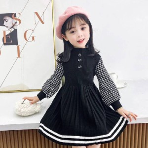 ワンピース セーター ジュニア 女の子 キッズ 子供服 長袖 ニットワンピース プリーツワンピース 丸襟 ロングワンピース インナーワンピ