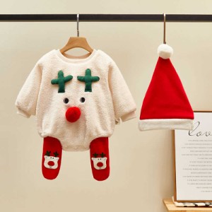 ロンパース ベビー服 着ぐるみ クリスマス サンタさん コスプレ キッズ 3点セット コスチューム 赤ちゃん サンタ帽 裏ボア 長袖 あったか