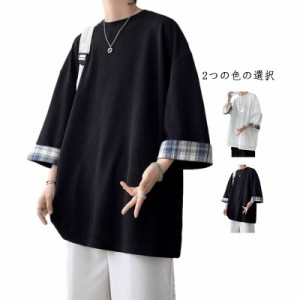 tシャツ メンズ  7分袖 ロングtシャツ 夏 トップス 重ね着風 レイヤード風 カットソー ロングt 7分袖tシャツ チェック柄 おしゃれ 大きい