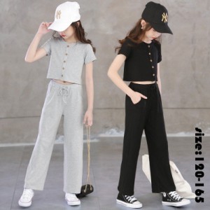 韓国子供服 セットアップ トップス+ズボン ストレッチパンツ ストレッチ 夏 ワイドパンツ 半袖 マキシ丈 カジュアル ゆったり リゾート 