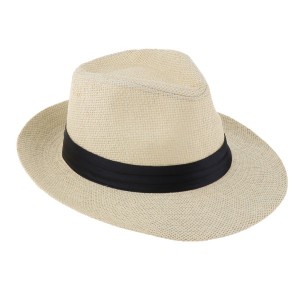 男性女性ストローパナマハットFedora TrilbyキャップSombrero Sunhatワイドブリムベージュ