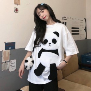 日系 Tシャツ レディース パンダ柄 半袖 夏 ゆるい トップス 韓国ファッション 原宿系 BF風 ヒップホップ ダンス ストリート風 カジュア