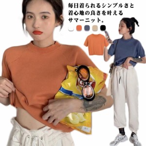 サマーニット 半袖 レディース カットソー Tシャツ 半袖ニット サマーセーター ニットソー トップス 薄手 プルオーバー リブニット プチ