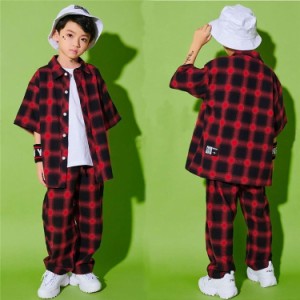 キッズダンス衣装 ヒップホップ チェック柄  セットアップ チェックシャツ パンツ 子供 ジャズダンス衣装 練習着 ステージ衣装 体操服