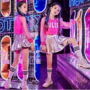 キッズ ダンス衣装 ヒップホップ チアガール キラキラ スパンコール 女の子 スカート 子供  チア セットアップ ジャズダンス 応援団 ステ