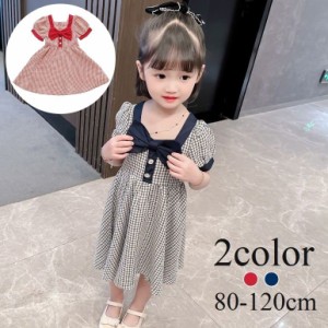 ワンピース キッズ ベビー 子供服 半袖 リボン チェック パフスリーブ フレア パフスリーブ おしゃれ かわいい お出かけ ペンタゴンネッ