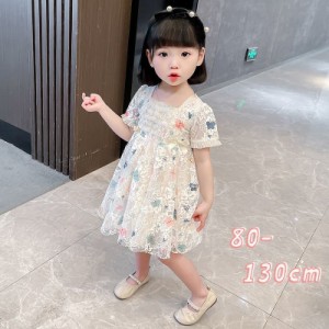 ワンピース ドレス 子供服 こども用 キッズ ベビー 女の子 半袖 パフスリーブ レース フリル 蝶 リボン かわいい キュート おしゃれ お呼