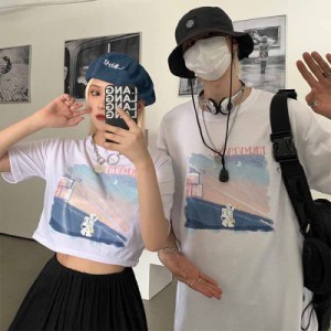 原宿風 カップル服Tシャツ レディース おしゃれ 半袖 ロング丈トップス 韓国ファッション ヒップホップ ダンス衣装 ストリート系 BF風 カ