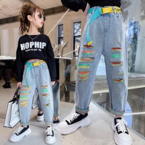 デニムパンツ キッズ ダメージパンツ 韓国 ダンス衣装 ヒップホップ セットアップ 子供服 デニム ズボン ショート丈 かっこいい 長ズボン