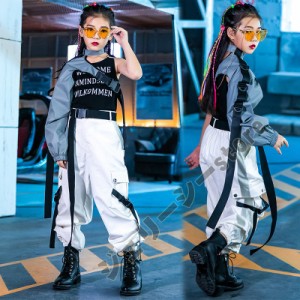 ワンショルダー キッズ ダンス衣装 セットアップ ベルト付き アームウォーマー 片腕 カーゴパンツ 子供服ステージ オシャレ