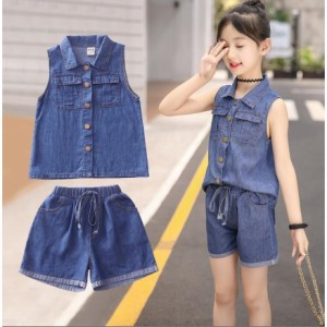 デニム セットアップ キッズ 上下セット 子供服 半袖 ベスト デニムパンツ ジージャン ジーンズ 女の子 ゆったり 春夏 韓国