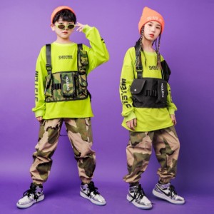 キッズダンス衣装 ヒップホップ セットアップ HIPHOP 長袖 シャツ 迷彩 パンツ ズボン 男の子 女の子 子供服 ジャズダンス ステージ衣装 