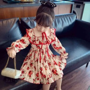 ワンピース キッズ 子供服 女の子 膝丈 長袖 花柄 子供ドレス おしゃれ dress 韓国子ども服 ベビー服 カジュアル 女児 姫様 人気 可愛い 