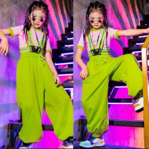 キッズ ダンス衣装 ヒップホップ HIPHOP 子供 女の子 ダンス ロングパンツ 半袖トップス ロングパンツ グリーン ストライプ柄 120-160cm