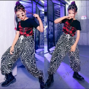 キッズ ダンス衣装 ヒップホップ HIPHOP 子供 女の子 ダンス ロングパンツ 半袖 セブラ柄 チェック柄 レッド ステージ衣装 練習着 演出服