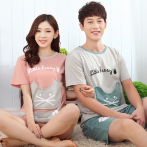 男女セットの値段 Tシャツ かわいい ネコ 春/秋/夏 ペアルームウェア パジャマペアセット カップル 部屋着 寝巻き 綿 レディース メンズ