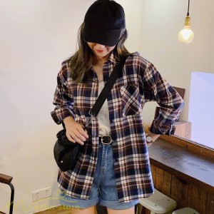 ワイドシャツ レディース チェック柄 フリーサイズ 秋服 トップス シャツ ゆったり ロンシャツ カジュアルシャツ 定番 韓国風 日常感 フ