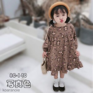 子供ワンピース 秋冬 女の子 長袖 ジュニア服 子供服 花柄 ワンピース キッズ用 子ども服 ファッション レトロ  ワンピース 可愛い 80 90