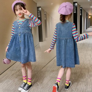 韓国子供服 セットアップ 可愛い レジャー 2点セット 女の子 Tシャツ + デニムベストスカート 普段着 通学 お洒落 キッズ 秋服 丸首 長袖