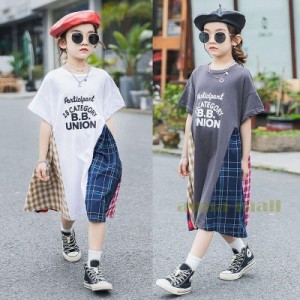 子供服 女の子 Tシャツ ワンピース キッズ 親子ペア 韓国子供服 ジュニア 夏 半袖 ロングT 子供ドレス dress カジュアル おしゃれ 可愛い