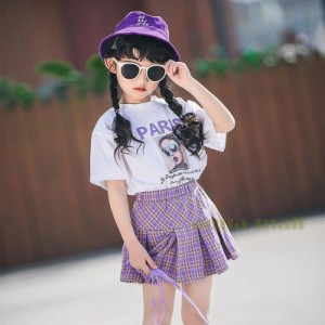 子供服 セットアップ 夏 韓国子供服 女の子 ジュニア キッズ 上下セット 2点セット 半袖 Tシャツ ミニスカート チェック柄 可愛い おしゃ