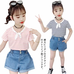 子供服 女の子 半袖 キッズ Tシャツ カットソー ブラウス ジュニア 可愛い 韓国風 セーラー 夏 ストライプ柄 リボン付き カジュアル おし