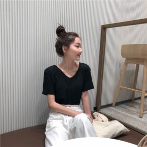 Tシャツ vネック S/M/L/XL レディース トップス カットソー 半袖 綿 コットン 大きいサイズ ゆったり 春夏 おしゃれ 無地