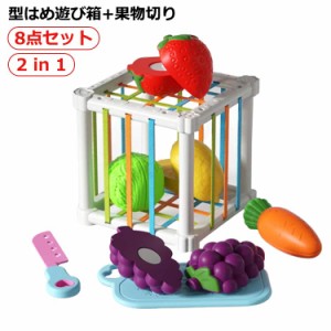 プッシュポップ ボックス 遊び箱 型はめ パズル おもちゃ 知育玩具 ままごと フルーツ野菜 食材 2 in 1 型はめ遊び箱+果物切り ビーズコ