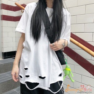 Tシャツレディース ダンス衣装 ヒップホップ  無地 裾 ダメージ加工 カット 切り込み  ビッグシルエット トップス 男女兼用  原宿系  奇