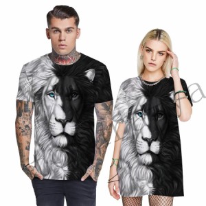 おもしろTシャツ 半袖Tシャツ アニマル ペアルック 3D お揃いペア プリント おもしろ ライオン タイガー 星 男女兼用 動物