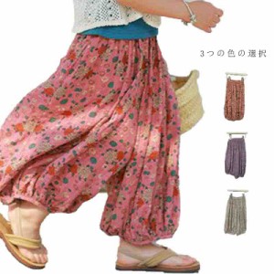 送料無料 ズボン ロングパンツ サルエルパンツ 子供 キッズ 女の子 ロングパンツ 花柄 総柄 綿混 コットン 薄手 夏用 蚊防ぐ 虫除け 通気