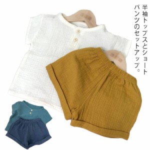 夏 シンプル ベビー服 ガーせコットン セットアップ 男の子 女の子 赤ちゃん 子供服 キッズ 綿 半袖 トップス ショートパンツ 無地 80 90