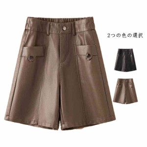  ハーフパンツ ショートパンツ ウエストゴム 短パン ボトムス ズボン レディース ハーフパンツ フェイクレザーハーフパンツ　パンツ 秋冬