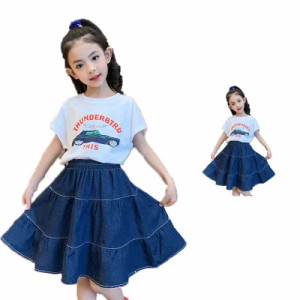  スカート フレアスカート デニムスカート ガールズ フレア ボトムス Aライン デニム 子供服 スカート お洒落 ミディアム スカート  ウエ