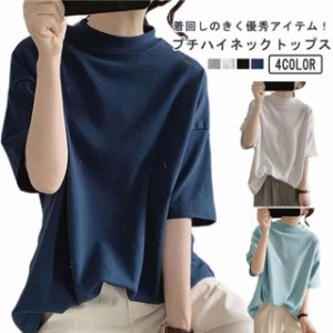 Tシャツ プチハイネック 半袖 カットソー 薄手 ストレッチ ハイネック トップス レディース 夏 モックネック ゆったり 体型カバー ゆる 