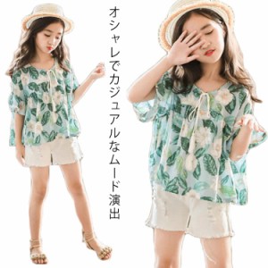 子供服 セットアップ キッズ 女の子 韓国子供服 上下セット 2点セット トップス 半袖 Tシャツ シフォン ショートパンツ 短パン デニム パ