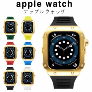 apple watch アップルウォッチ バンド ステンレス ケース カバー 一体型 ゴールドカバー バンド ラバー 高級ベルト ケースバンド メンズ 