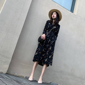 シフォンワンピース ロングワンピース 長袖 ミモレ丈 トップス レディース Aライン Vネック 切替え ギャザー 総柄 フラワー ドット 花 水