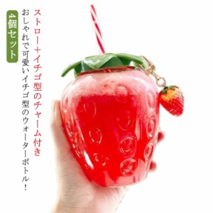 4個セット イチゴ ウォーターボトル ストロー付き かわいい イチゴ いちご ボトル 水筒 送料無料 ドリンクボトル フルーツ カップ コップ