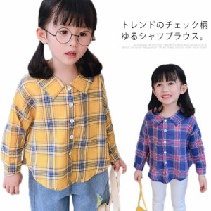 子供服 ブラウス チェック柄 スクエア 襟 グレンチェック ゆるシャツ 長袖 シャツ トップス 春夏 春服 女の子 キッズ 子ども 可愛い 送料