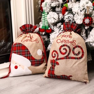 大きいサイズ クリスマス ラッピング袋 巾着袋 不織布 56*39cm  ギフトバッグ ラッピングバッグ かわいい 包装袋 チェック柄 サンタ トナ