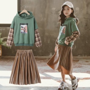 韓国子供服 子ども服 セットアップ キッズ 女の子 プリーツスカート トレーナー+スカート 上下セット 春服 長袖 春秋 トップス カジュ