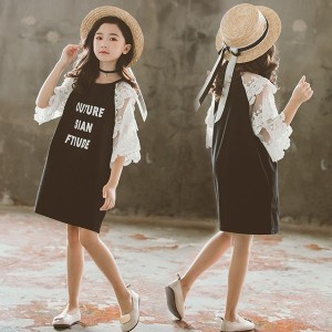 子供服 ワンピース 子供ドレス キッズ 韓国子供服 女の子 ジュニア 夏 七分袖 レース 膝丈 ベビー ワンピース おしゃれ 可愛い 通学着 通