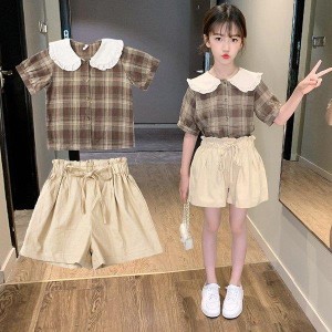 子供服 セットアップ キッズ 女の子 春夏 トップス 半袖 ブラウス シャツ チェック柄 半ズボン ハーフパンツ 韓国子ども服 ジュニア ベビ