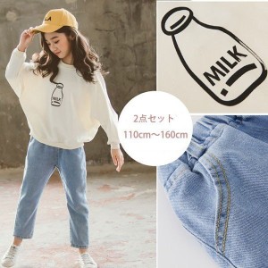 子供服 セットアップ キッズ 女の子 長袖 春秋 上下セット 韓国子供服 ジュニア Tシャツ 丸首 長ズボン デニムパンツ カジュアル 可愛い 