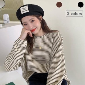 長袖Tシャツ ボーダー柄 レディース カットソー ゆったり Tシャツ 長袖 オーバーサイズ ボーダー柄Tシャツ ラウンドネック 春秋 トップス